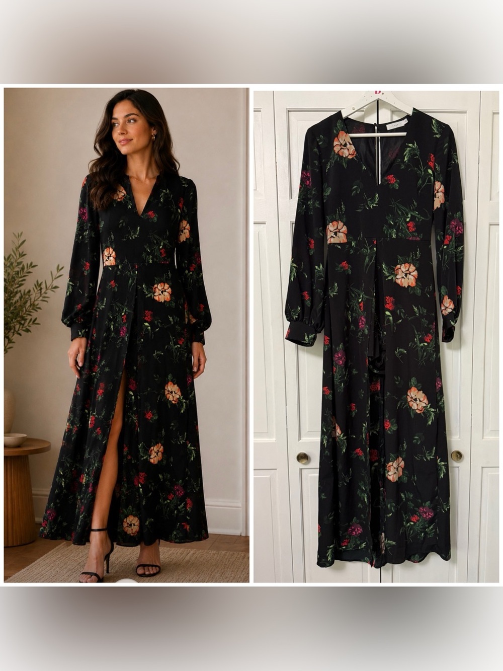 Lush Black Dark Floral Split-Front Maxi Romper Dress Romantic Fairy Grunge